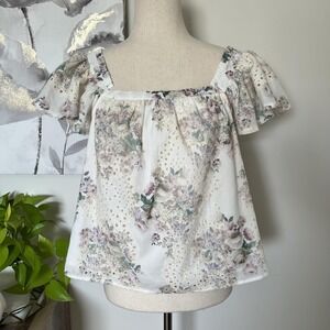Floral Top Womens Medium White Eyelet Flutter Sleeve Boho Romantic Fairy Cottage